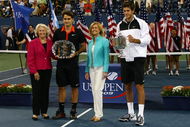 NEW YORK - SEPTEMBER 14:  (L-R) USTA president Lucy S. Garvin, Roger Federer of Switzerland and Juan Martin Del Potro of Argentina pose with the trophies after the Men's Singles final on day fifteen of the 2009 U.S. Open at the USTA Billie Jean King National Tennis Center on September 14, 2009 in the Flushing neighborhood of the Queens borough of New York City. Del Potro defeated Federer 3-6, 7-6 (7), 4-6, 7-6 (7), 6-2.  (Photo by Al Bello/Getty Images)