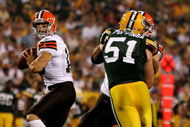 GREEN BAY, WI - AUGUST 15:  Quarterback Brady Quinn #10 of the Cleveland Browns passes the ball against the Green Bay Packers during the preseason game at Lambeau Field on August 15, 2009 in Green Bay, Wisconsin.  (Photo by Jonathan Daniel/Getty Images)