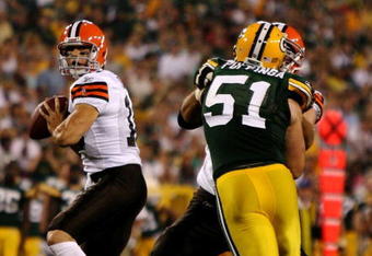 GREEN BAY, WI - AUGUST 15:  Quarterback Brady Quinn #10 of the Cleveland Browns passes the ball against the Green Bay Packers during the preseason game at Lambeau Field on August 15, 2009 in Green Bay, Wisconsin.  (Photo by Jonathan Daniel/Getty Images)