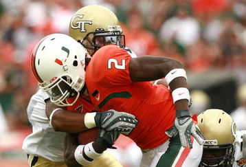 CORAL GABLES, FL - OCTOBER 13:  Running back Graig Cooper #2 of the Miami Hurricanes looks looks for room to run while taking on the Georgia Tech Yellow Jackets at the Orange Bowl on October 13, 2007 in Coral Gables, Florida. Georgia Tech defeated Miami 17-14.  (Photo by Doug Benc/Getty Images)