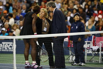 NEW YORK - SEPTEMBER 12:  Serena Williams (L) argues with Brian Early (R) and Donna Kelso (C) after disqualified for a default during the Women's Singles Semifinal match against to Kim Clijsters of Belgium on day thirteen of the 2009 U.S. Open at the USTA Billie Jean King National Tennis Center on September 12, 2009 in the Flushing neighborhood of the Queens borough of New York City.  (Photo by Julian Finney/Getty Images)