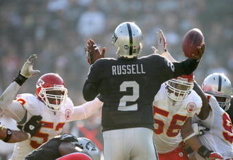 OAKLAND, CA - NOVEMBER 30:  Quarterback JaMarcus Russell #2 of the Oakland Raiders is rushed as he looks to pass the ball against the Kansas City Chiefs during an NFL game on November 30, 2008 at the Oakland-Alameda County Coliseum in Oakland, California. (Photo by Jed Jacobsohn/Getty Images)