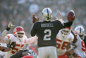 OAKLAND, CA - NOVEMBER 30:  Quarterback JaMarcus Russell #2 of the Oakland Raiders is rushed as he looks to pass the ball against the Kansas City Chiefs during an NFL game on November 30, 2008 at the Oakland-Alameda County Coliseum in Oakland, California. (Photo by Jed Jacobsohn/Getty Images)