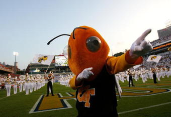 ATLANTA - SEPTEMBER 10:  Buzz, the mascot of the Georgia Tech Yellow Jackets, cheers against the Clemson Tigers at Bobby Dodd Stadium on September 10, 2009 in Atlanta, Georgia.  (Photo by Kevin C. Cox/Getty Images)