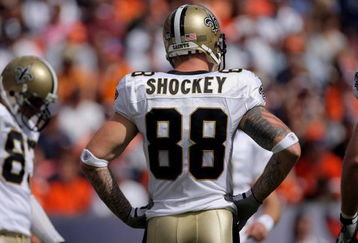 DENVER - SEPTEMBER 21:  Tight end Jeremy Shockey #88 of the New Orleans Saints awaits the huddle against the Denver Broncos during NFL action at Invesco Field at Mile High on September 21, 2008 in Denver, Colorado. The Broncos defeated the Saints 34-32.  (Photo by Doug Pensinger/Getty Images)