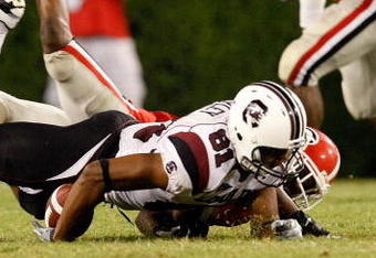 ATHENS, GA - SEPTEMBER 12:  Vance Cuff #25 of the Georgia Bulldogs is called for pass interference during this reception intended for Tori Gurley #81 of the South Carolina Gamecocks at Sanford Stadium on September 12, 2009 in Athens, Georgia.  (Photo by Kevin C. Cox/Getty Images)