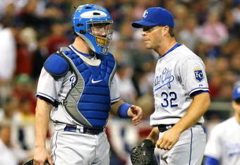 MINNEAPOLIS, MN- SEPTEMBER 28: John Buck #14 of the Kansas City Royals talks with pitcher Ron Mahay #32 during their game against the Minnesota Twins at the Metrodome on September 28, 2008 in Minneapolis, Minnesota. The Twins defeated the Royals 6-0. (Photo by Scott A. Schneider/Getty Images)