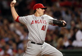 BOSTON - SEPTEMBER 15:  John Lackey #41 of the Los Angeles Angels of Anaheim delivers a pitch in the third inning against the Boston Red Sox on September 15, 2009 at Fenway Park in Boston, Massachusetts. The Red Sox defeated the Rays 3-1.  (Photo by Elsa/Getty Images)