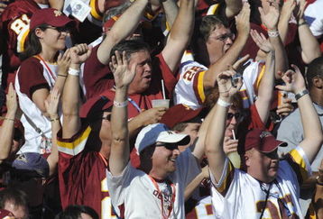 CANTON, OH - AUGUST 2: Fans of the Washington Redskins cheer during the Class of 2008 Pro Football Hall of Fame Enshrinement Ceremony at Fawcett Stadium on August 2, 2008 in Canton, Ohio.   (Photo by Al Messerschmidt/Getty Images)
