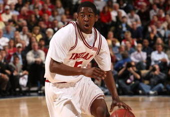 INDIANAPOLIS - MARCH 14:  Jordan Crawford #5 of the Indiana Hoosiers drives against the Minnesota Golden Gophers during the Big Ten Men's Basketball Tournament at Conseco Fieldhouse on March 14, 2008 in Indianapolis, Indiana.  (Photo by Jonathan Daniel/Getty Images)