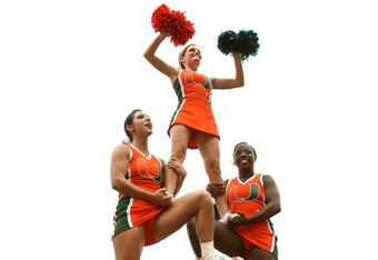 CORAL GABLES, FL - OCTOBER 13: The Miami cheerleaders perform as the Miami Hurricanes take on the Georgia Tech Yellow Jacketsat the Orange Bowl on October 13, 2007 in Coral Gables, Florida. Georgia Tech defeated Miami 17-14.  (Photo by Doug Benc/Getty Images)