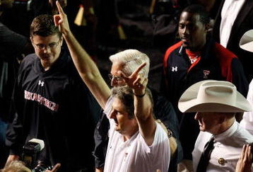 LUBBOCK, TX - NOVEMBER 01:  Head coach Mike Leach celebrates as he leaves the field after the Texas Tech Red Raiders defeated the Texas Longhorns with a final score of 34-33 on November 1, 2008 at Jones Stadium in Lubbock, Texas.  (Photo by Jamie Squire/Getty Images)