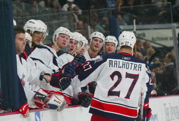 DENVER - DECEMBER 5:  Manny Malhotra #27 of the Columbus Blue Jackets skates to the bench against the Colorado Avalanche on December 5, 2006 at the Pepsi Center in Denver, Colorado. The Blue Jackets won 3-0. (Photo by Bruce Bennett/Getty Images) 