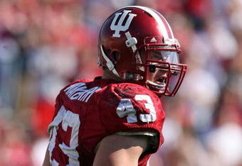 BLOOMINGTON, IN - NOVEMBER 01:  Matt Mayberry #43 of the Indiana Hooisers celebrates a sack during the game against the Central Michigan Chippewas at Memorial Stadium on November 1, 2008 in Bloomington, Indiana.  (Photo by Andy Lyons/Getty Images)
