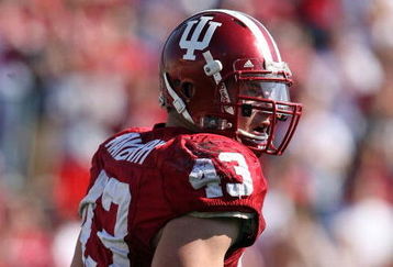 BLOOMINGTON, IN - NOVEMBER 01:  Matt Mayberry #43 of the Indiana Hooisers celebrates a sack during the game against the Central Michigan Chippewas at Memorial Stadium on November 1, 2008 in Bloomington, Indiana.  (Photo by Andy Lyons/Getty Images)