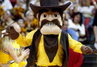 LAS VEGAS - MARCH 13:  Wyoming Cowboys mascot 'Pistol Pete' jumps in the air during a semifinal game against the Utah Utes during a semifinal game of the Conoco Mountain West Conference Basketball Championships at the Thomas & Mack Center March 13, 2009 in Las Vegas, Nevada.  (Photo by Ethan Miller/Getty Images)