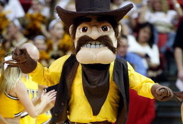 LAS VEGAS - MARCH 13:  Wyoming Cowboys mascot 'Pistol Pete' jumps in the air during a semifinal game against the Utah Utes during a semifinal game of the Conoco Mountain West Conference Basketball Championships at the Thomas & Mack Center March 13, 2009 in Las Vegas, Nevada.  (Photo by Ethan Miller/Getty Images)