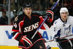 OTTAWA - MARCH 11:  Chris Campoli #14 of the Ottawa Senators skates during the game against the Tampa Bay Lightning on March 11, 2009 at the Scotiabank Place in Ottawa, Ontario, Canada. (Photo by Phillip MacCallum/Getty Images)