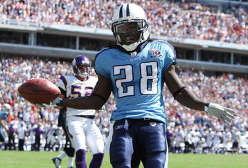 NASHVILLE, TN - SEPTEMBER 28:  Running back Chris Johnson #28 of the Tennessee Titans celebrates as he scores a touchdown against the Minnesota Vikings at LP Field on September 28, 2008 in Nashville, Tennessee.  (Photo by Doug Benc/Getty Images)