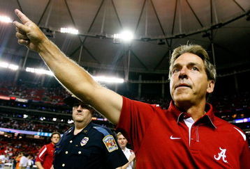 ATLANTA - SEPTEMBER 05:  Head coach Nick Saban of the Alabama Crimson Tide celebrates after their 34-24 win over the Virginia Tech Hokies during the Chick-fil-A Kickoff Game at Georgia Dome on September 5, 2009 in Atlanta, Georgia.  (Photo by Kevin C. Cox/Getty Images)