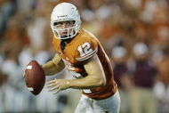 AUSTIN, TX - SEPTEMBER 5:  Quarterback Colt McCoy #12 of the Texas Longhorns runs out of the pocket against the Louisiana Monroe Warhawks on September 5, 2009 at Darrell K Royal-Texas Memorial Stadium in Austin, Texas. The Longhorns defeated the Warhawks 59-20. (Photo by Brian Bahr/Getty Images)