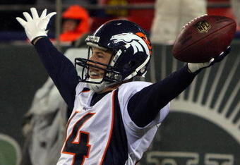 EAST RUTHERFORD, NJ - NOVEMBER 30:  Brandon Stokley #14 of the Denver Broncos celebrates his touchdown against the New York Jets on November 30, 2008 at Giants Stadium in East Rutherford, New Jersey. The Broncos defeated the Jets 34-17.  (Photo by Jim McIsaac/Getty Images)