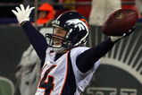 EAST RUTHERFORD, NJ - NOVEMBER 30:  Brandon Stokley #14 of the Denver Broncos celebrates his touchdown against the New York Jets on November 30, 2008 at Giants Stadium in East Rutherford, New Jersey. The Broncos defeated the Jets 34-17.  (Photo by Jim McIsaac/Getty Images)
