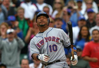 CHICAGO - AUGUST 28: Gary Sheffield #10 of the New York Mets strikes out to end a game against the Chicago Cubs on August 28, 2009 at Wrigley Field in Chicago, Illinois. The Cubs defeated the Mets 5-2.  (Photo by Jonathan Daniel/Getty Images)