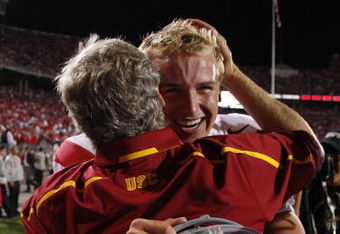 COLUMBUS, OH - SEPTEMBER 13:  Head coach Pete Carroll hugs Matt Barkley #7 of the Southern California Trojans after defeating the Ohio State Buckeyes 18-15 on September 13, 2009 at Ohio Stadium in Columbus, Ohio.  (Photo by Gregory Shamus/Getty Images)