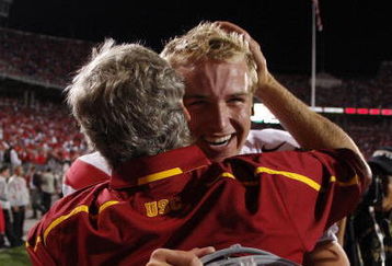 COLUMBUS, OH - SEPTEMBER 13:  Head coach Pete Carroll hugs Matt Barkley #7 of the Southern California Trojans after defeating the Ohio State Buckeyes 18-15 on September 13, 2009 at Ohio Stadium in Columbus, Ohio.  (Photo by Gregory Shamus/Getty Images)