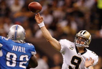 NEW ORLEANS - SEPTEMBER 13:  Quarterback Drew Brees #9 of the New Orleans Saints throws a pass against the Detroit Lions at the Louisiana Superdome on September 13, 2009 in New Orleans, Louisiana.  (Photo by Chris Graythen/Getty Images)