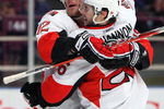 NEW YORK - MARCH 22: Ryan Shannon #26 of the Ottawa Senators is congratulated by Mike Fisher #12 after scoring the Senators second goal against the New York Rangers on March 22, 2009 at Madison Square Garden in New York City, New York.  (Photo by Nick Laham/Getty Images)