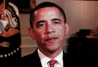 LOS ANGELES, CA - JULY 15:  President Barack Obama delivers a taped speech regarding the Arthur Ashe Courage Award during the 2009 ESPY Awards held at Nokia Theatre LA Live on July 15, 2009 in Los Angeles, California. The 17th annual ESPYs will air on Sunday, July 19 at 9PM ET on ESPN.  (Photo by Kevin Winter/Getty Images)