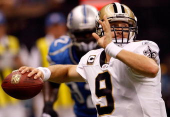 NEW ORLEANS - SEPTEMBER 13:  Quarterback Drew Brees #9 of the New Orleans Saints throws a pass against the Detroit Lions at the Louisiana Superdome on September 13, 2009 in New Orleans, Louisiana.  (Photo by Chris Graythen/Getty Images)