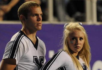 FORT WORTH, TX - OCTOBER 16:  BYU Cougars cheerleaders during play against the TCU Horned Frogs at Amon G. Carter Stadium on October 16, 2008 in Fort Worth, Texas.  (Photo by Ronald Martinez/Getty Images)