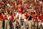 ATHENS, GA - SEPTEMBER 12:  Quarterback Joe Cox #14 and Tavarres King #12 celebrate a touchdown against the Georgia Bulldogs of the South Carolina Gamecocks at Sanford Stadium on September 12, 2009 in Athens, Georgia.  (Photo by Kevin C. Cox/Getty Images)