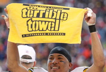 DENVER - JANUARY 22:  Hines Ward #86 of the Pittsburgh Steelers holds up a terrible towel in celebration in the final minute of the Steelers' 34-17 win over the Denver Broncos during the AFC Championship Game January 22, 2006 at Invesco Field at Mile High in Denver, Colorado.  (Photo by Andy Lyons/Getty Images)