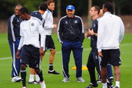 COBHAM, SURREY - SEPTEMBER 14:  Manager Carlo Ancelotti (centre) in relaxed mood during a Chelsea training session at the Chelsea training ground on September 14, 2009 in Cobham, Surrey.  (Photo by Mike Hewitt/Getty Images)
