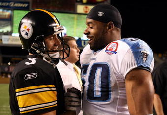 PITTSBURGH - SEPTEMBER 11: Jeff Reed #3 of the Pittsburgh Steelers is congratulated by David Thornton #50 of the Tennessee Titans after Reed scored the game winning field goal in overtime on September 11, 2009 at Heinz Field in Pittsburgh, Pennsylvania. The Steelers defeated the Titans 13-10 in overtime.  (Photo by Elsa/Getty Images)