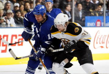 TORONTO - MARCH 25:  Phil Kessel #81 of the Boston Bruins battles for the puck with Darcy Tucker #16 of the Toronto Maple Leafs during their NHL game at the Air Canada Centre March 25, 2008 in Toronto, Ontario, Canada.  (Photo By Dave Sandford/Getty Images)