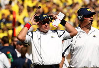 ANN ARBOR, MI - SEPTEMBER 19:  Head coach Rich Rodriguez of the Michigan Wolverines on the sidelines during the game with the Eastern Michigan Eagles at Michigan Stadium on September 19, 2009 in Ann Arbor, Michigan.  (Photo by Stephen Dunn/Getty Images)