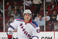 NEWARK, NJ - SEPTEMBER 16: Michael Del Zotto #43 of the New York Rangers skates against the New Jersey Devils at the Prudential Center on September 16, 2009 in Newark, New Jersey. The Devils defeated the Rangers 3-2 in the shoot out. (Photo by Bruce Bennett/Getty Images)