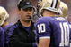 SEATTLE - SEPTEMBER 19:  Head coach Steve Sarkisian of the Washington Huskies talks with quarterback Jake Locker #10 during the game against the USC Trojans on September 19, 2009 at Husky Stadium in Seattle, Washington. The Huskies defeated the Trojans 16-13. (Photo by Otto Greule Jr/Getty Images)