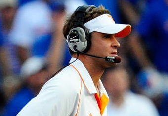 GAINESVILLE, FL - SEPTEMBER 19: Head coach Lane Kiffin of the Tennessee Volunteers watches the action during the game against the Florida Gators at Ben Hill Griffin Stadium on September 19, 2009 in Gainesville, Florida.  (Photo by Sam Greenwood/Getty Images)
