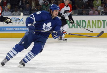 LONDON, ON - SEPTEMBER 17:  Jay Rosehill #38 of the Toronto Maple Leafs skates in a pre-season game against the Philadelphia Flyers on September 17, 2009 at the John Labatt Centre in London, Ontario. The Leafs defeated the Flyers 4-0. (Photo by Claus Andersen/Getty Images)