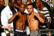 LAS VEGAS - SEPTEMBER 18:  (L-R) Nate Jones, co-trainer for Floyd Mayweather Jr., boxers Floyd Mayweather Jr., Juan Manuel Marquez and Bernard Hopkins appear during the official weigh-in for Mayweather and Marquez at the MGM Grand Garden Arena September 18, 2009 in Las Vegas, Nevada. The two will fight at the MGM on September 19.  (Photo by Ethan Miller/Getty Images)