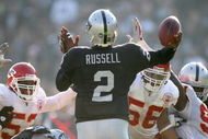 OAKLAND, CA - NOVEMBER 30:  Quarterback JaMarcus Russell #2 of the Oakland Raiders is rushed as he looks to pass the ball against the Kansas City Chiefs during an NFL game on November 30, 2008 at the Oakland-Alameda County Coliseum in Oakland, California. (Photo by Jed Jacobsohn/Getty Images)