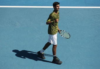 MELBOURNE, AUSTRALIA - JANUARY 31:  Yuki Bhambri of India celebrates winning a point in his junior boys final match against Alexandros-Ferdinandos Georgoudas of Germany during day thirteen of the 2009 Australian Open at Melbourne Park on January 31, 2009 in Melbourne, Australia.  (Photo by Lucas Dawson/Getty Images)