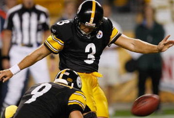 PITTSBURGH, PA - SEPTEMBER 10: Jeff Reed #3 of the Pittsburgh Steelers kicks the winning field goal as Daniel Sepulveda #9 holds against the Tennessee Titans at Heinz Field on September 10, 2009 in Pittsburgh, Pennsylvania. The Steelers defeated the Titans 13-10 in overtime. (Photo by Scott Boehm/Getty Images)
