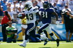SAN DIEGO , CA - SEPTEMBER 20:  Darren Sproles #43 of the San Diego Chargers is pursued by Fabian Washington #31 of the Baltimore Ravens before scoring a touchdown in the first half at Qualcomm Stadium on September 20, 2009 in San Diego, California. The Ravens defeated the Chargers 31-26.  (Photo by Jeff Gross/Getty Images)